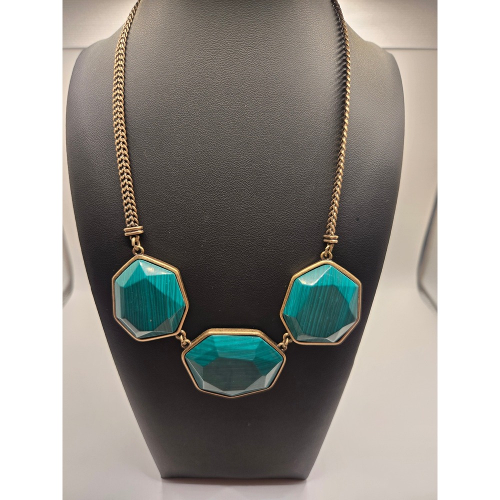 Chloe + Isabel Hexagon Faux Malachite Statement Necklace Antique Brass Teal